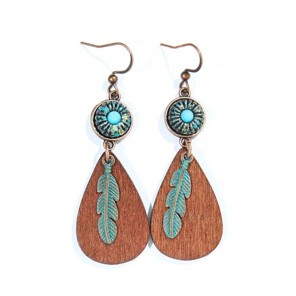 Western Earrings Pierced Faux Turquoise Copper Wood Chandelier Southwest Boho - Picture 2 of 2